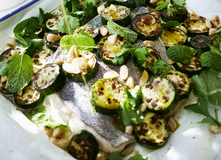 Baked snapper, tahini yoghurt, zucchini and almonds