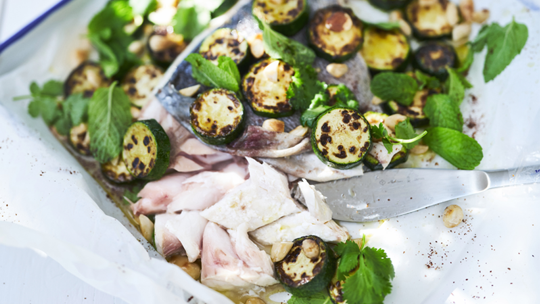 Baked snapper, tahini yoghurt, zucchini and almonds