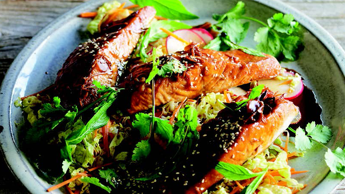 Caramel ginger salmon with Vietnamese coleslaw