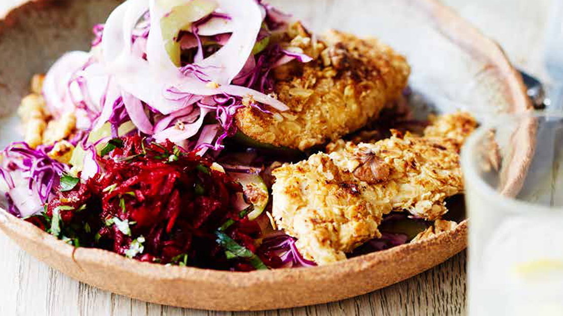 Crispy chicken with raw beetroot relish and apple slaw