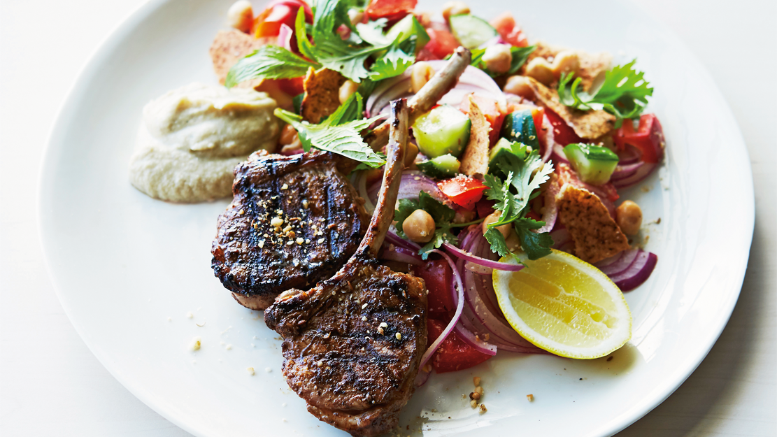 Lamb cutlets with fattoush and baba ganoush