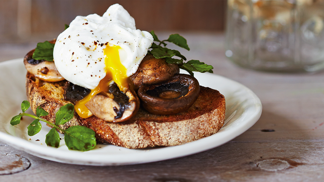 Marinated mushrooms with poached eggs