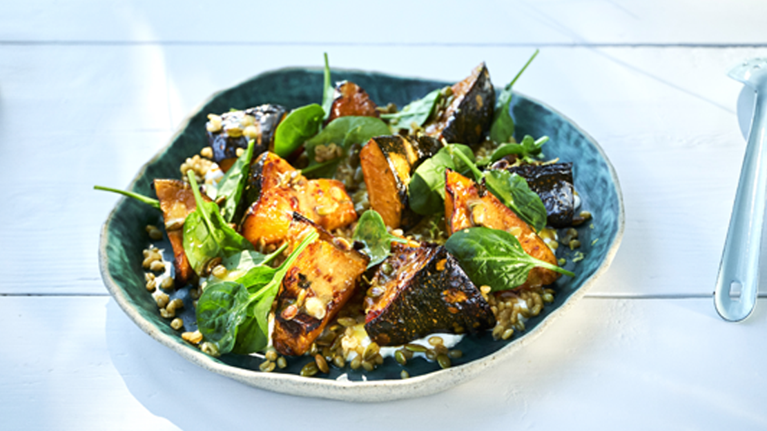 Roasted pumpkin and green wheat salad