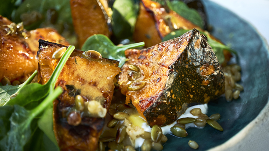 Roasted pumpkin and green wheat salad