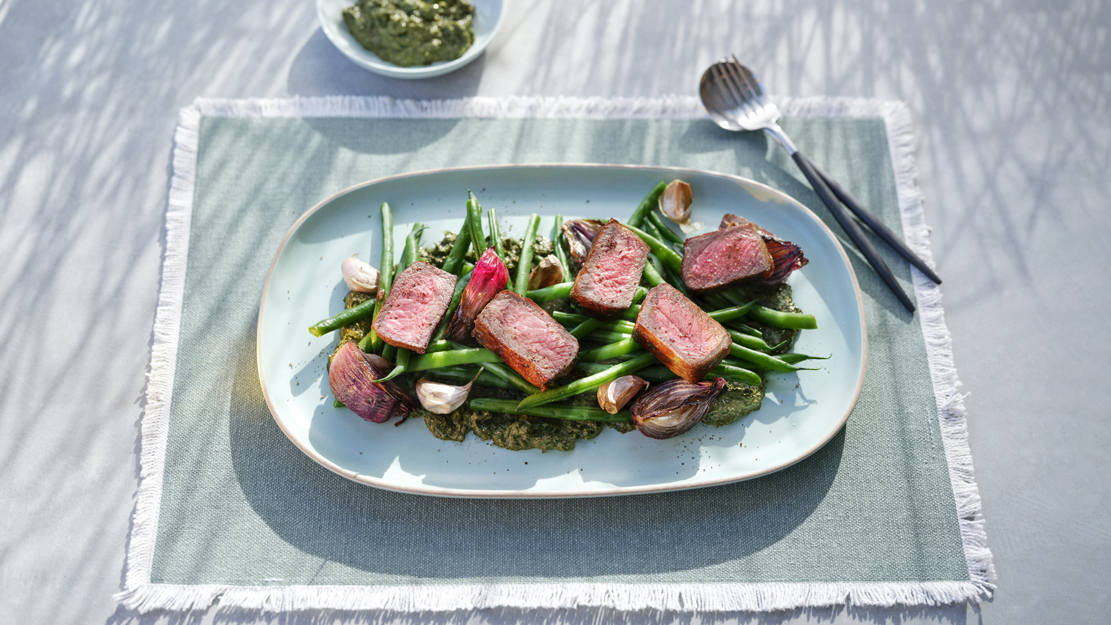 Steak and green bean salad with salsa verde