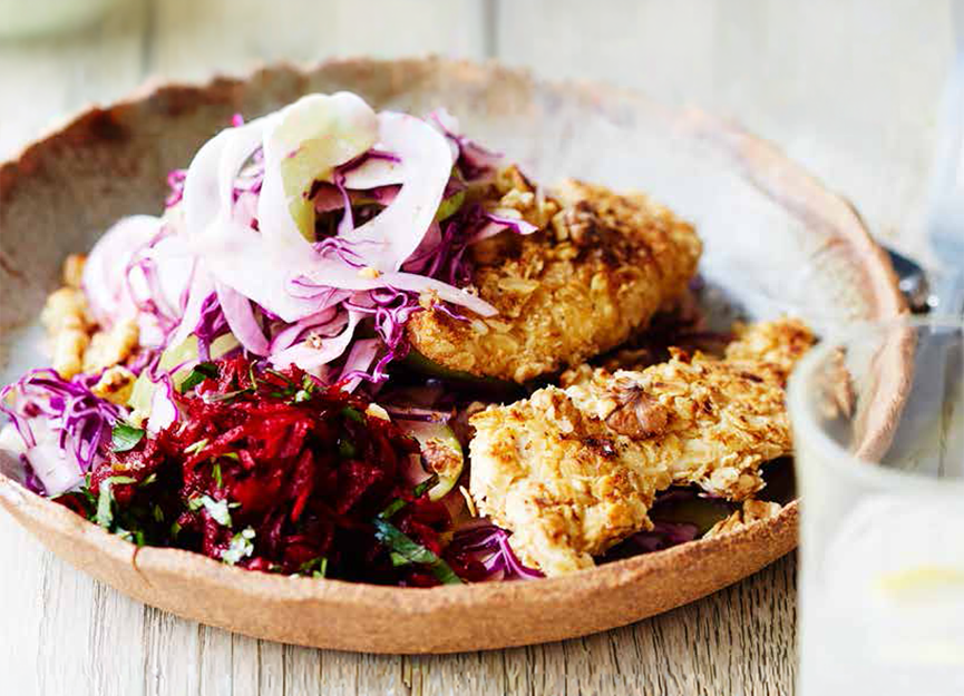 Crispy chicken with raw beetroot relish and apple slaw