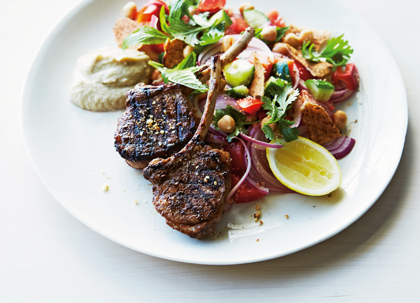 Lamb cutlets with fattoush and baba ganoush