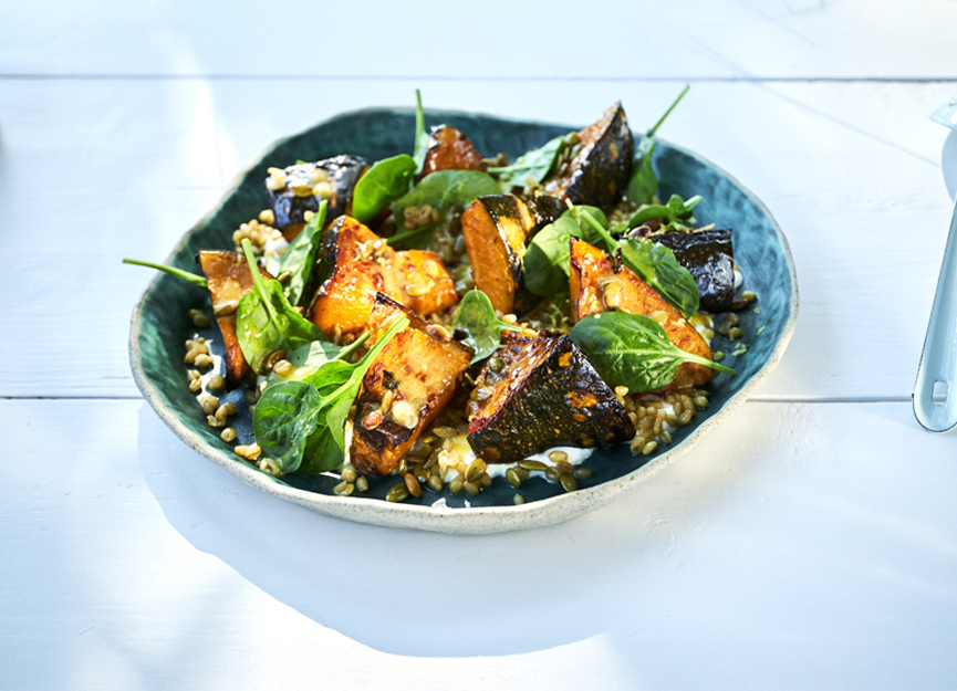 Roasted pumpkin and green wheat salad